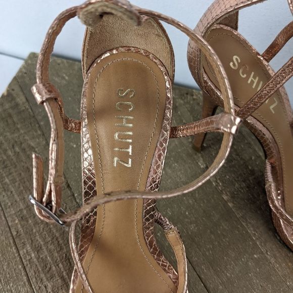 Schutz Strappy High Heel Sandal metallic Rose Gold Snake skin sz 5B Ankle strap - Picture 7 of 7